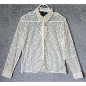 NEW Ralph Lauren Womens PM Long Sleeve Button Down Shirt Sheer Embroidered Cream